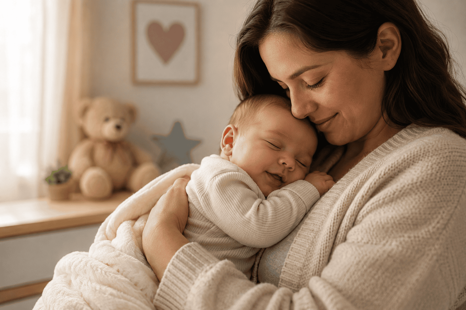Madre abrazando a su bebé dormido en un ambiente cálido y tierno