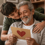 Hijo abrazando a su papá mientras le entrega una tarjeta por el Día del Padre