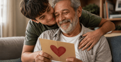 Hijo abrazando a su papá mientras le entrega una tarjeta por el Día del Padre
