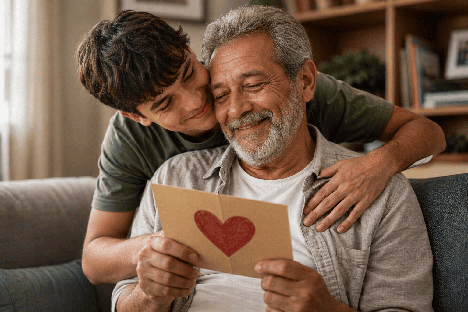 Hijo abrazando a su papá mientras le entrega una tarjeta por el Día del Padre