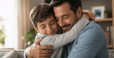 Padre abrazando con cariño a su hijo en un hogar luminoso