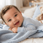 Bebé varón sonriente acostado sobre una manta azul clara en una habitación infantil cálida y luminosa
