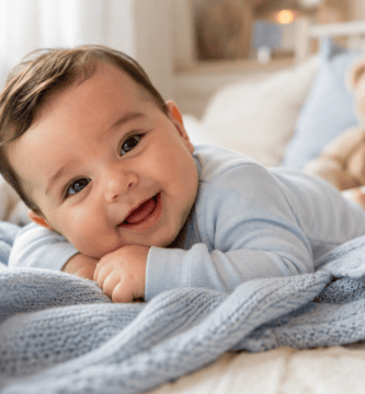 Bebé varón sonriente acostado sobre una manta azul clara en una habitación infantil cálida y luminosa