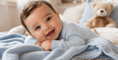Bebé varón sonriente acostado sobre una manta azul clara en una habitación infantil cálida y luminosa