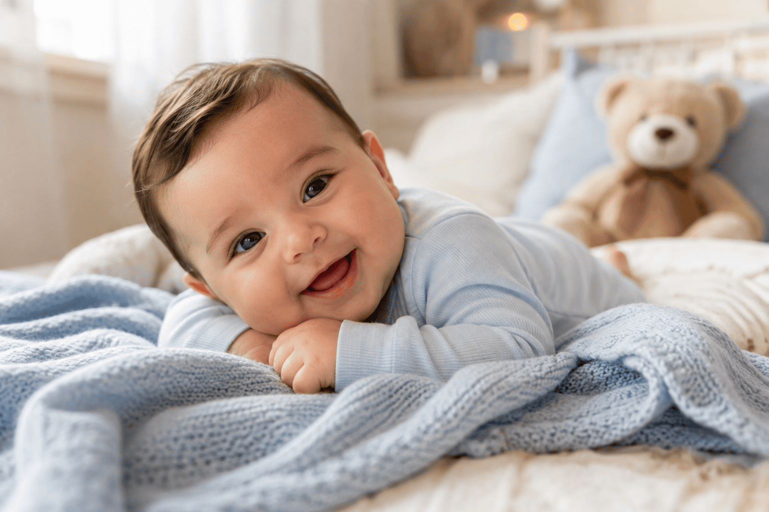 Bebé varón sonriente acostado sobre una manta azul clara en una habitación infantil cálida y luminosa