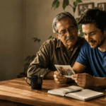 Hijo adulto compartiendo recuerdos familiares con su papá