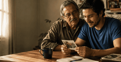 Hijo adulto compartiendo recuerdos familiares con su papá