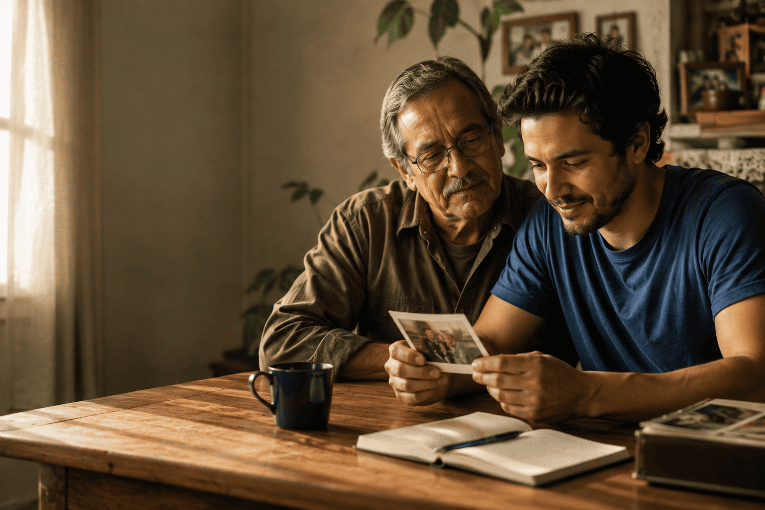 Hijo adulto compartiendo recuerdos familiares con su papá
