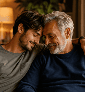 Hijo adulto abrazando con cariño a su padre en casa