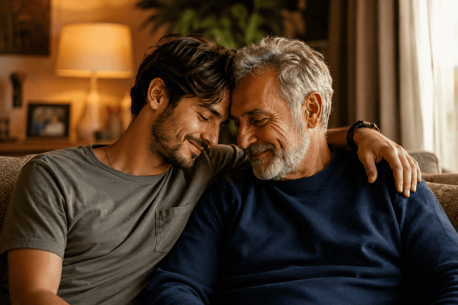 Hijo adulto abrazando con cariño a su padre en casa