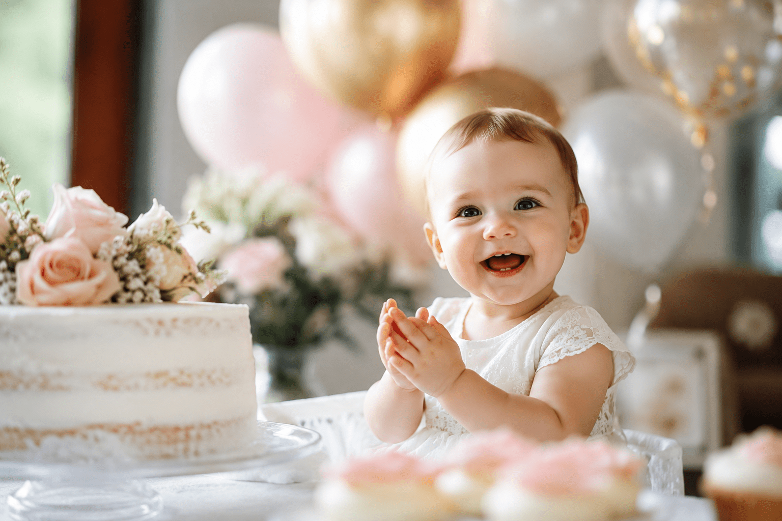 Bebé sonriente celebrando un momento especial con pastel, flores y globos