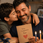 Padre abrazando a su hijo mientras lee una tarjeta de cumpleaños junto a un pastel