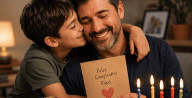 Padre abrazando a su hijo mientras lee una tarjeta de cumpleaños junto a un pastel