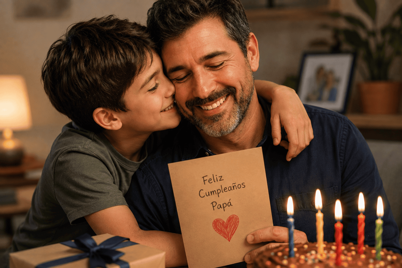 Padre abrazando a su hijo mientras lee una tarjeta de cumpleaños junto a un pastel