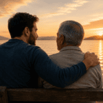 Padre mayor y su hijo adulto sentados junto a un lago al atarde