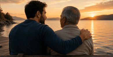 Padre mayor y su hijo adulto sentados junto a un lago al atarde