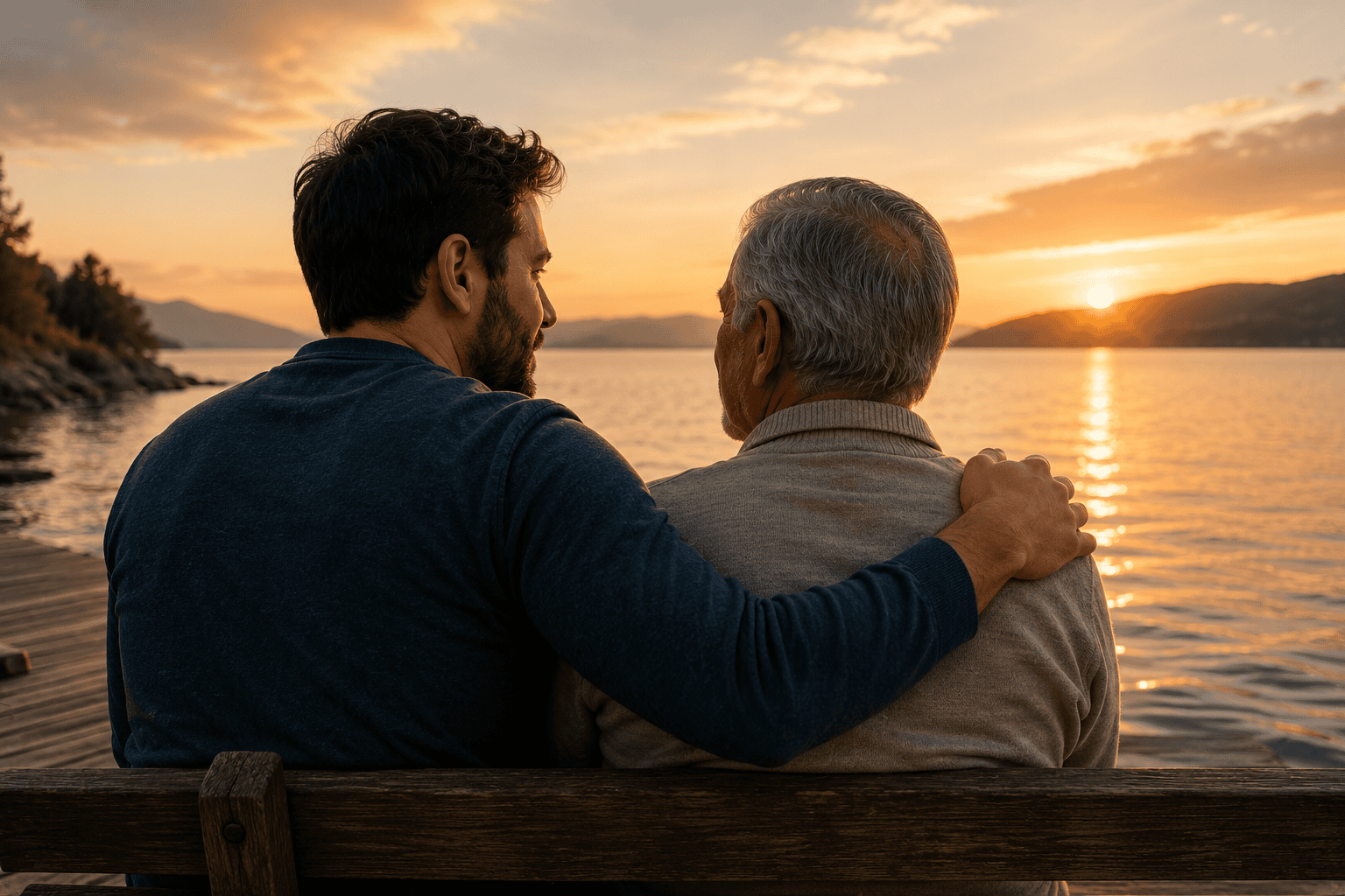 Padre mayor y su hijo adulto sentados junto a un lago al atarde
