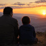 Padre e hijo contemplando juntos el cielo al atardecer