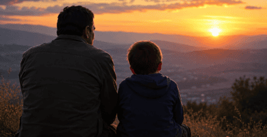 Padre e hijo contemplando juntos el cielo al atardecer
