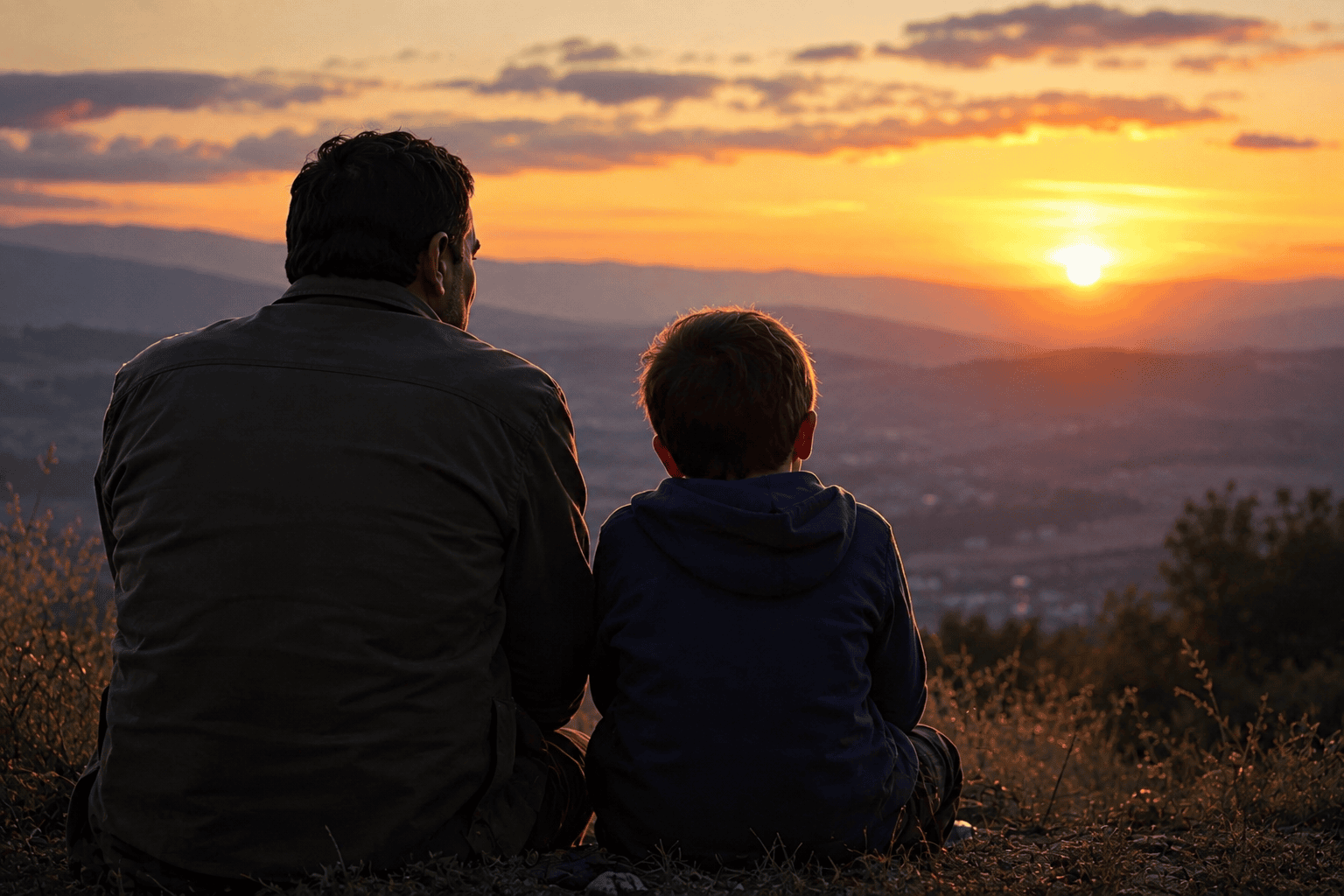 Padre e hijo contemplando juntos el cielo al atardecer