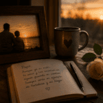 Una fotografía, una vela y un cuaderno acompañan el recuerdo íntimo de un hijo que honra la memoria de su padre fallecido.