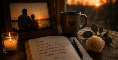Una fotografía, una vela y un cuaderno acompañan el recuerdo íntimo de un hijo que honra la memoria de su padre fallecido.