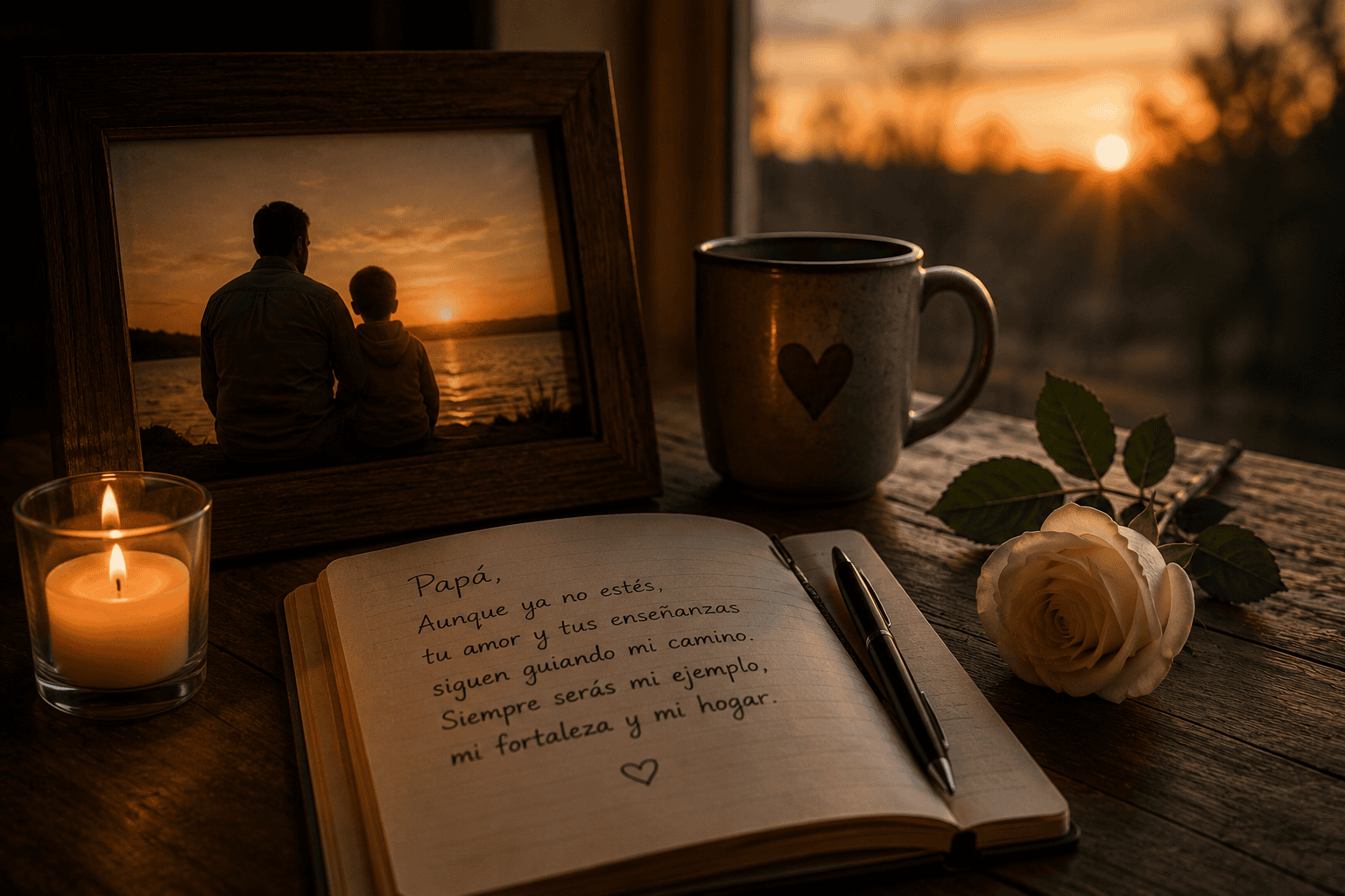 Una fotografía, una vela y un cuaderno acompañan el recuerdo íntimo de un hijo que honra la memoria de su padre fallecido.