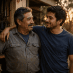 Padre trabajador junto a su hijo adulto en un taller al atardecer