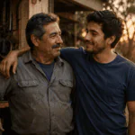 Padre trabajador junto a su hijo adulto en un taller al atardecer