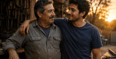 Padre trabajador junto a su hijo adulto en un taller al atardecer