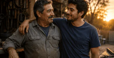 Padre trabajador junto a su hijo adulto en un taller al atardecer