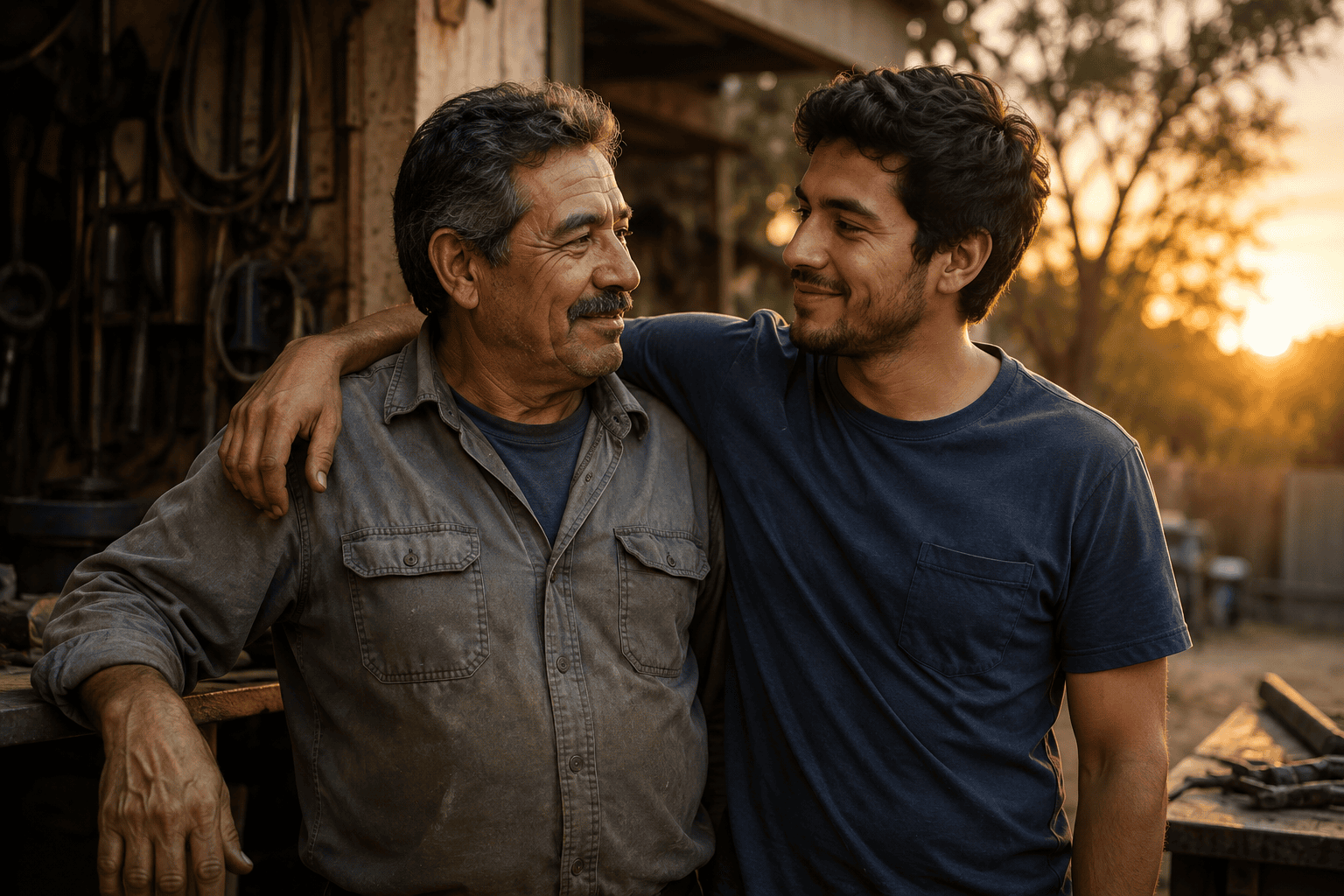 Padre trabajador junto a su hijo adulto en un taller al atardecer