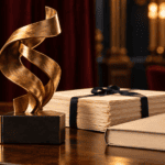 Trofeo dorado junto a un manuscrito y un libro, ilustración sobre el reconocimiento a una novela finalista.