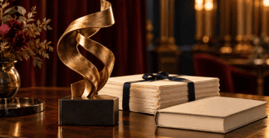 Trofeo dorado junto a un manuscrito y un libro, ilustración sobre el reconocimiento a una novela finalista.