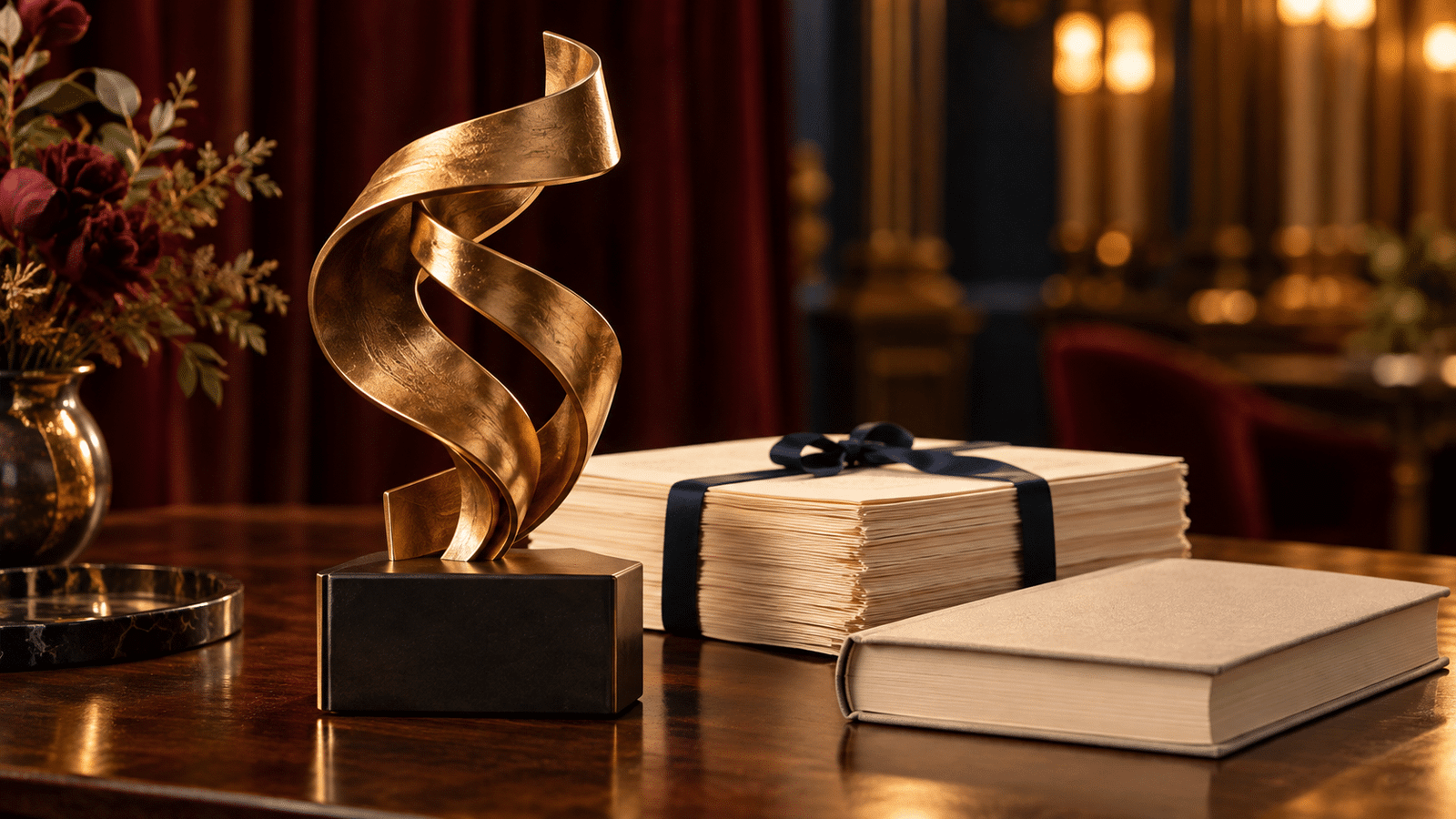 Trofeo dorado junto a un manuscrito y un libro, ilustración sobre el reconocimiento a una novela finalista.